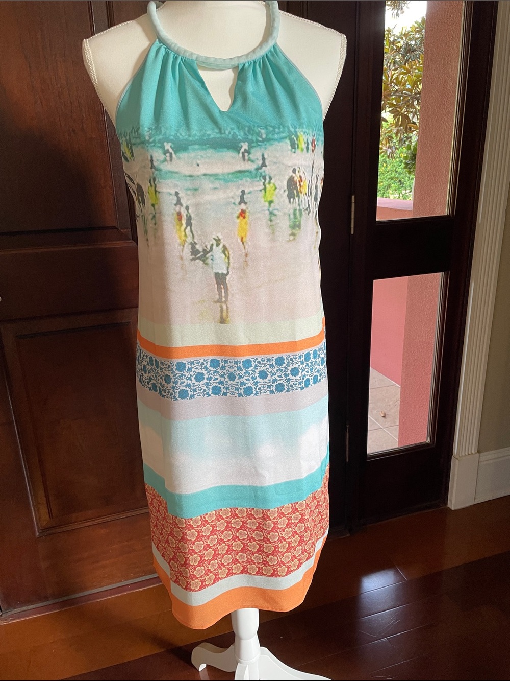Anthropologie Teal, Orange, Coral & White Halter-Style Printed Midi Dress